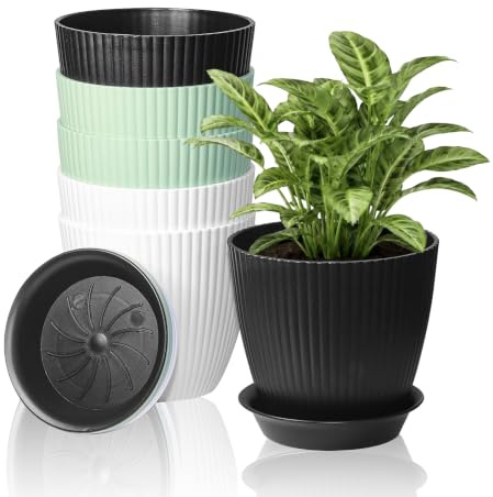 FORAGIFT Indoor Plant Pots with Saucers, Set of 6, 12.5 cm, Multicolour | Plastic planters with stripe grooves and mesh drainage holes for small and medium house plants indoors or outdoors