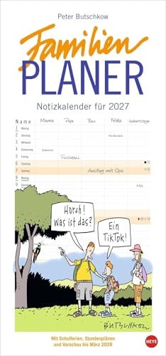 Peter Butschkow: Familienplaner 2027: Cartoon-Familienkalender mit 5 Spalten. Humorvoll illustrierter Familien-Wandkalender mit Schulferien und Stundenplänen.