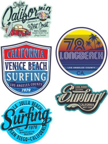 24/7stickers MG638 / 5X Aufkleber SURF Breite je ca. 6,5 cm Surfing Beach Longbeach Venice Malibu Vintage Retro Tuning Oldtimer Kult Sticker Youngtimer V8