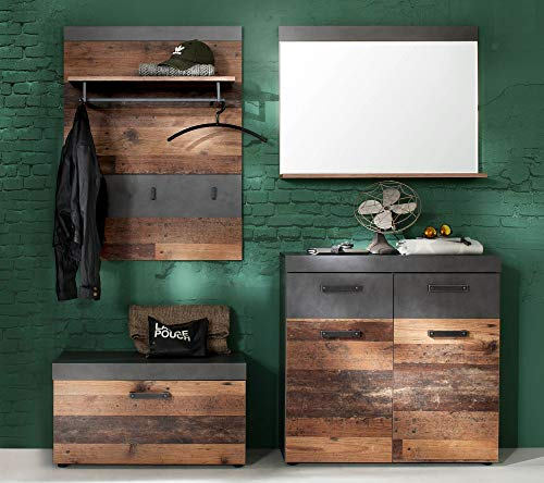 Newfurn Garderobe Komplettgarderobe Industrial Garderobenschrank Flurgarderobe Flurmöbel Schrank II 185x192x 37 cm (BxHxT) II [Damian.Five] in Old Wood/Graphit Grau Matera Flur Diele