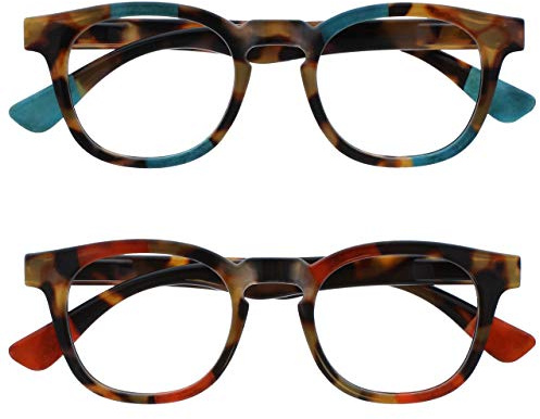 OPULIZE Ava Reading Glasses 2 Pack Flattering Rounded Frame Spring Hinges Scratch Resistant Brown Tortoiseshelll Turquoise Red Mens Womens RR62-QZ +1.00