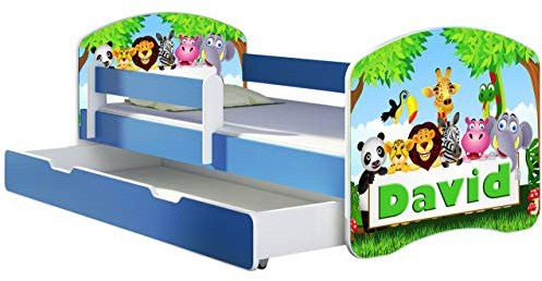 ACMA Kinderbett 140x70 cm Blau mit Bettkasten, Matratze & Lattenrost – Jugendbett mit Rausfallschutz, personalisiertes Motiv 01 Zoo name, Kinderzimmer, belastbar bis 120 kg