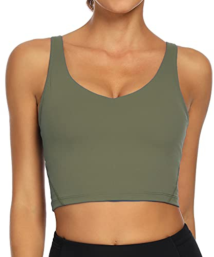 Lemedy Damen Sport-BH, lang, bauchfrei, Tanktop, gepolstert, Workout, Laufen, Yoga, olivgrün, L