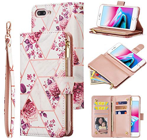 QLTYPRI Étui portefeuille en cuir de grande capacité pour iPhone 7/8/SE 2020/SE 2022 5G, 6 porte-cartes et 1 poche zippée, dragonne, coque magnétique antichoc pour téléphone, or rose