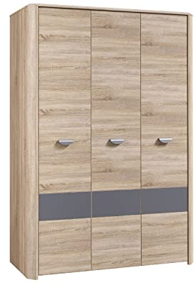 FORTE YOOP Schrank 130 140, Kleiderschrank, Jugendzimmerschrank Drehtürenschrank, 3-türig Einlegeböden Kleiderstange, Sonoma Eiche / Grau Matt, 133.2 cm breit x 194.4 cm hoch x 58 cm tief