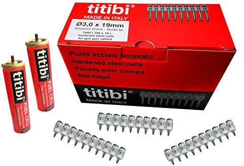1000 CHIODI TITIBI Ø3,0 X 27mm, 2 BOMBOLETTE DI GAS (GC11) COMPATIBILI CON CHIODATRICE A GAS HILTI GX100 (ADATTATORE NON INCLUSO, UTILIZZARE QUELLO DELLE BOMBOLETTE ORIGINALI) (Ø 3,0 X 27 mm)