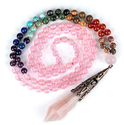 Farfume 7 Chakra Necklace - Gemstone 12 Face Prism Pendant 108 Mala Beads Necklaces Prayer Bead for Women Men Yoga Meditation Anxiety Relief (7 Chakra Necklace-Rose Quartz)