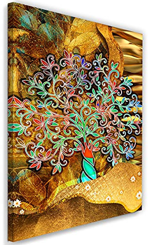 Feeby Bild auf Vlies Leinwand Lebensbaum Gustav Klimt Moderner Stil Gemälde 30x45 cm Kunstdruck Modern Wandbilder Deko Flur Wohnzimmer Gewirbelte Zweige Blumen Goldene Wellen Braun