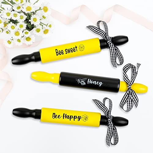 WBCBEC Bee Mini Rolling Pins, Farmhouse Yellow&Black Honey Bee Sweet Kitchen Shelves Decor, Rae Dunn Inspired Coffee Bar Yellow & Black Honey Bee Summer Decor (3)