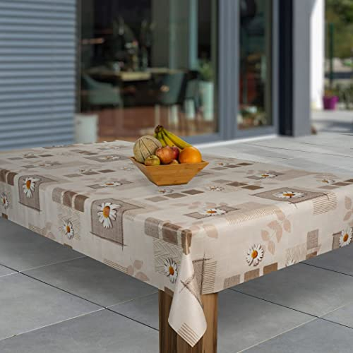 laro Wachstuch-Tischdecke Abwaschbar Wachstischdecke PVC Plastik-Tischdecken Eckig Meterware Abwischbar, Muster:Margerite Braun Beige, Größe:100x140