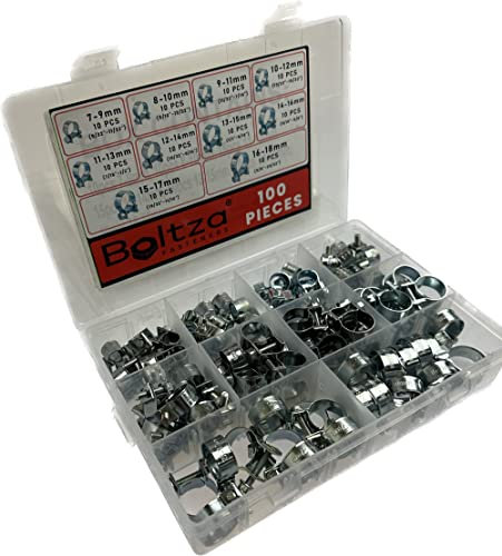 Boltza® 100 Piece Assortment Kit of Zinc Plated Mini Hose Clamps/Fuel Line Hose Clips for Diesel Petrol Pipes & Pipelines