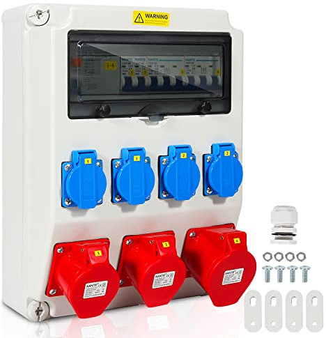 Cecaylie Distributore da parete, 1 x 32 A, 2 x 16 A, 4 x 230 V, con LS+FI, distributore di corrente con interruttore di protezione di linea, con presa Schuko, scatola di corrente a 5 poli,