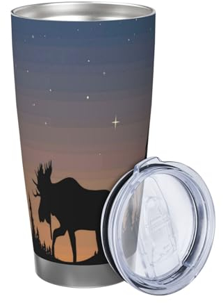 Becher mit Elch, Bergkiefer, Wildnisdruck, 590 ml, mit Deckel und Strohhalm, Edelstahl-Kaffeetasse, isolierter Reisebecher für Damen und Herren