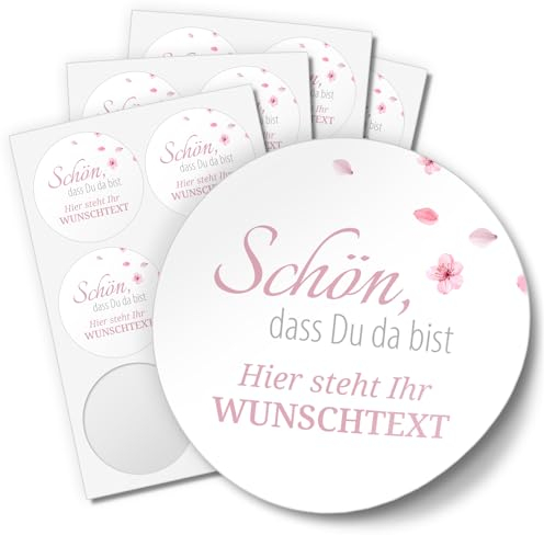 24 PERSONALISIERTE Aufkleber Schön dass Du da bist individualisiert anpassbar mit Ihrem Wunschtext Etiketten rund 4cm, Kirschblüte rosa