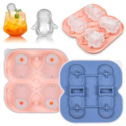 Cooltto Eiswürfelform Silikon Eiswürfelbehälter mit Deckel Ice Cube Tray Eiswürfel Form Groß Pinguin Eiswürfelformen - Blau + Rosa