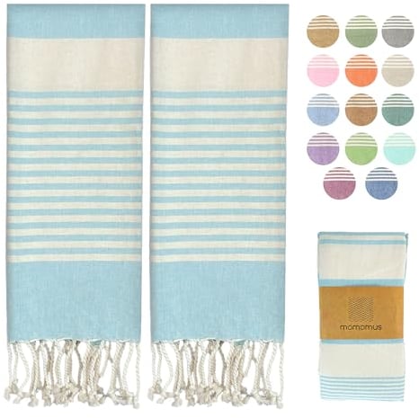 MOMOMUS Pack von 2 Fouta XL oder Strandhandtuch Baumwolle 100% - Saugfähig, Ultraweich, Kompakt - Ideal als Strandtuch, Hamamtuch und Saunahandtuch - Türkis, 90x180cm