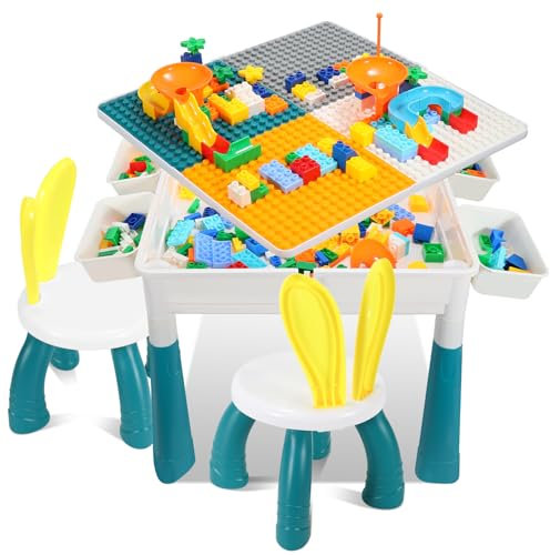Ansobea Kindertisch mit 2 stühlen Spieltisch Kinder mit 251 Bausteine,Multifunktionaler Aktivitätstisch ab 2 Jahre mit stauraum,Kreativen Baustein Gaming Tisch Bausteine Set