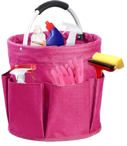 Lotvic Cleaning Caddy Organiser, Cleaning Caddy with Handle, Foldable Cleaning Bag, Large Capacity Cleaning Products Organiser, Cleaning Storage Bag for Indoor and Outdoor, 11x11in (Pink)