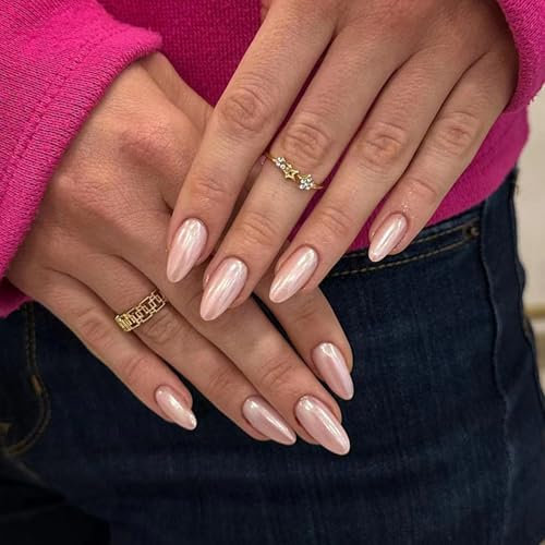 Almond False Nails - 24pcs Pink Pearl Press on Nails - Fake Nails with Glue - Light Pink Chrome French Tip False Nails - Aurora Full Cover Acrylic nails for Women Girls Daily Wear