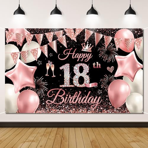 18. Geburtstag Banner Rosa, 18. Geburtstagsbanner, Deko 18 Geburtstag Dekoration Banner Hintergrund für 18 Mädchen und Jungen Geburtstagsfeier Deko, 180 * 110 CM