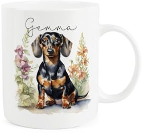 Purely Home Personalised Dachshund Flowers Mug - Dog Lover Sausage Dog Owner Custom Gift/Present - Tea Coffee Bone China Cup