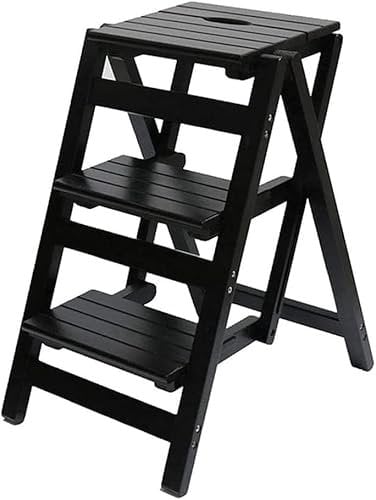 DUANZEYUQA Solid Wood Folding Step Ladder Stool For Kitchen Multi Functional Portable Chair Seat(Black,3 steps)