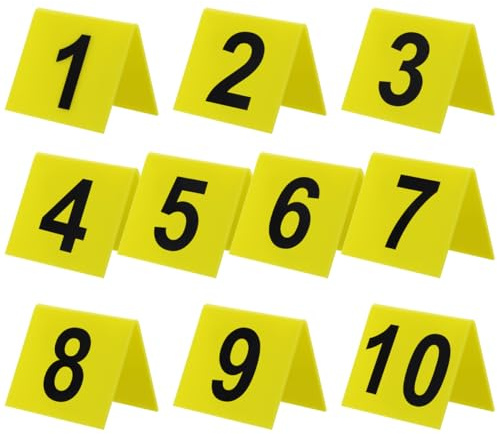 STOBAZA Lot de 10 marqueurs de preuve 1-10 en acrylique jaune pour dîner de | Présentoir en V double face, chiffres noirs sur jaune, pour jeux de détectives, ordre de siège et marquage de groupe