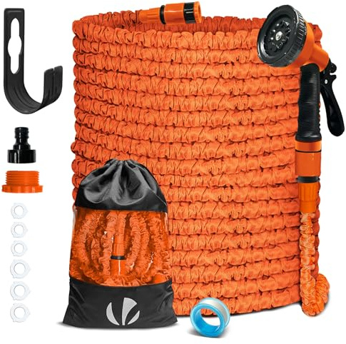 VOUNOT Flexibler Gartenschlauch 45 m, Flexibel Wasserschlauch Dehnbarer mit 10 Sprühfunktionen, 1/2 Zoll und 3/4 Zoll Schnelladaptern, Aufbewahrungstasche inklusive, Orange