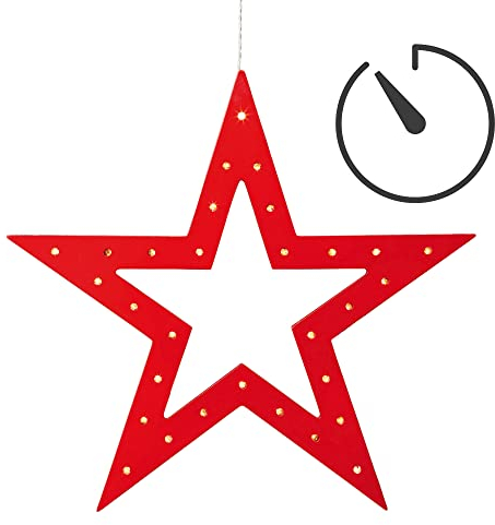 hellum LED Stern mit timer, Holzstern rot, 30 warm-weiße LED, Ø 35cm, batteriebetrieben (3xAA, nicht inkl.!), Deko Fenster, Wintergarten, Wohnzimmer, Schlafzimmer, Weihnachten, Winter 521443