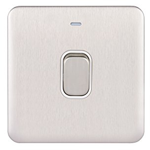 Schneider Electric, schraubenlose Lisse-Deco, einzelner Lichtschalter, zweipolig, 20 AX, GGBL2011WSS Edelstahl mit weißem Einsatz