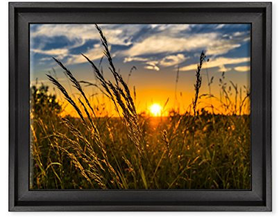 Quadro su Tela Canvas INTELAIATO - con Cornice - Tramonto in Campagna Spighe di Grano - Paesaggio Natura Panorama - 30x40cm - Stile Contemporaneo Nero - (cod.4352)