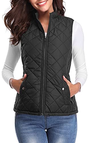fuinloth Women's Quilted Gilet, Lightweight Body Warmer Padded Outdoor Vest Sleeveless Jacket Black X-Large