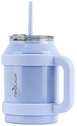 REDUCE Vaso de 50 onzas con asa y pajita, acero inoxidable con tapa para sorber, mantiene el agua fría hasta 36 horas, a prueba de sudor, apto para lavavajillas, sin BPA, color glaciar, brillo opaco