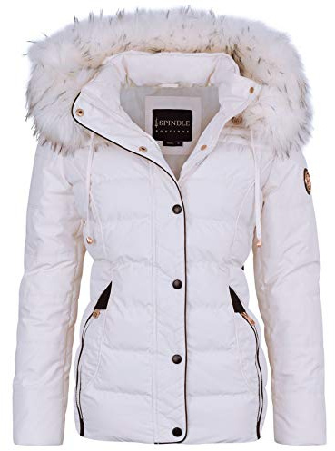 Spindle Womens Ladies Premium Quality Hooded Short Fur Parka Quilted Padded Puffer Coat | Zip Side Pockets | Luxurious Detachable Faux Fur on Hood | Zipped Inner Pocket White 12