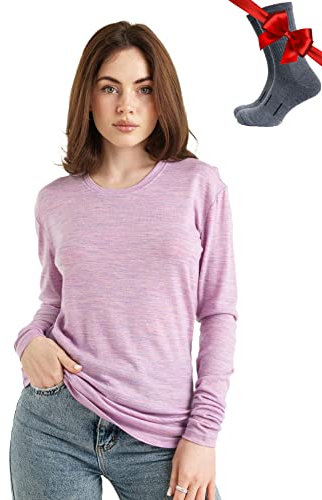Merino.tech Merino Wool Base Layer Womens — 100% Merino Wool Long Sleeve Thermal Shirts Heavyweight, Midweight, Lite + Wool Socks (X-Small, 165 Heather Lilac)