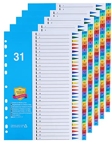 [5 Stück]31-teiliges Register für Ordner A4 1-31,Farbig Ordner Trennblätter aus PP für Schule, Büro