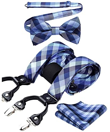 HISDERN Hosenträger Blau Mit Fliege Set Herren Kariert Klassische Hochzeit Verstellbar Y Form Elastisch Mit 6 Clips Hosenträger Herren Extra Stark Braces