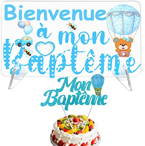 Pancarte de Baptême, Bienvenue et Décoration de Table - Cake Topper, Panneau d'Accueil et Décoration de Gâteau (Bleu)