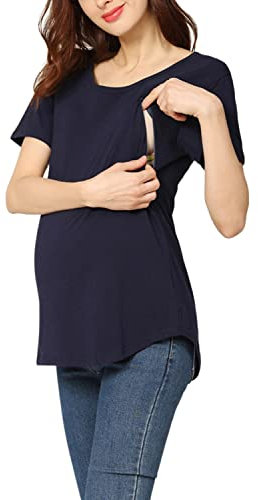 LAEMILIA Tee Shirt Allaitement T Shirt Zip Haut Allaitement Eté Top Enceinte Coton Manche Courte Vêtements Grossesse et Maternité Grande Taille Couleur Unie Extensible Respirant S-4XL