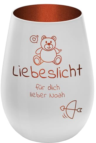 Graviertes Windlicht Liebeslicht - personalisierbar mit Wunschtext - Weiss/Kupfer - Höhe 12 cm - Love Light Geschenk Teelichthalter Kerzenglas