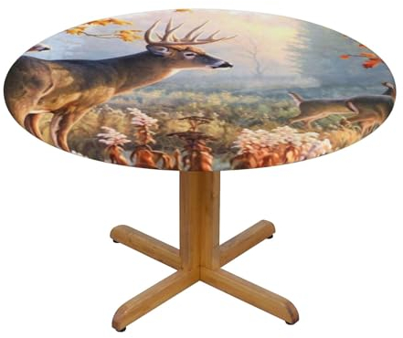 Runde Tischdecke mit Hirschmotiven, bedruckt, elastische Kanten, 122 cm, wasserdicht, knitterfrei