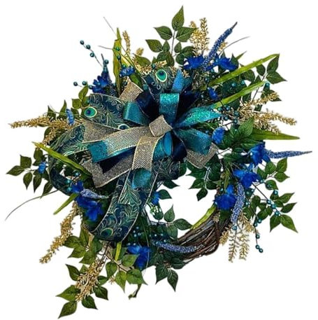 45cm Peacock Feathers Ribbon Wreath Peacock Mesh Wreath Wall Front Door Hanging Ornament Garlands Artificial Rattan Cane Garland Farmhouse Decor