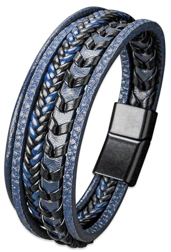 Mochity Herren Armreif - Armband aus Leder in Schwarz, Braun und Blau - Geflochtenes Armband Schmuck für Herren (Stil A, Blau)