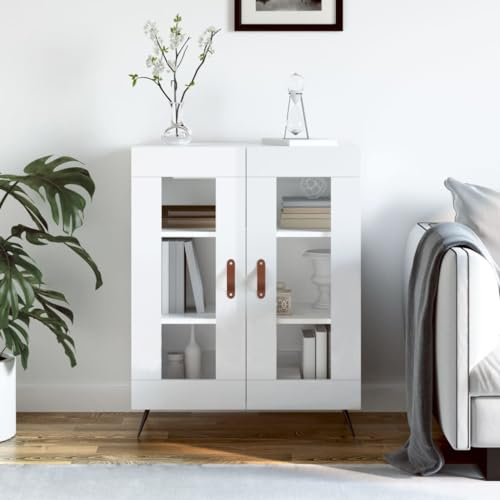 Gecheer Vitrinenschrank Bücherschrank Beistellschrank Badezimmerschrank Sideboard Kommode Standschrank Anrichte Schrank Küchenschrank Aufbewahrungsschrank 69,5 x 34 x 90 cm (B x T x H) Hochglanz-Weiß
