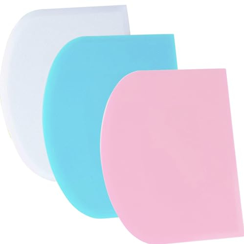 SURDOCA Dough Scraper Bench Scraper - 3P 7.1x4.9 Plastic Flexible Bowl Scraper, Sharp Edge & Angles Cake Scraper. Non-Slip Bakeware Decorating Tools Sculpting & Modeling Tools - Blue+White+Pink