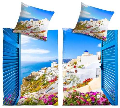 Carpe Sonno 4tlg Foto Partner-Bettwäsche 135x200 Santorini Schöner Polyester Bettbezug Urlaubsmotiv Sommer Bettbezüge Urlaub Griechenland Bettgarnitur kühle Sommerbettwäsche für Paare Bettzeug 4teilig