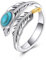 YFN 925 Sterling Silver Ring Turquoise Rings Adjustable Feather Ring with Turquoise Stacking Ring Vintage Statement Ring for Women Men (7, green)