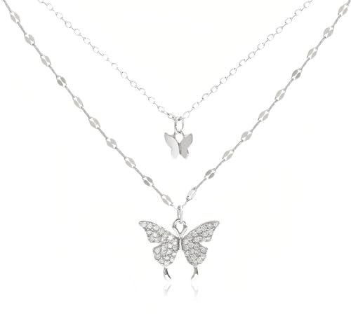 Collana da donna, collana a strati a farfalla da donna, collana con ciondolo a farfalla bohémien, collana vintage a doppia fila con ciondolo a farfalla in argento, regali di gioielli da donna