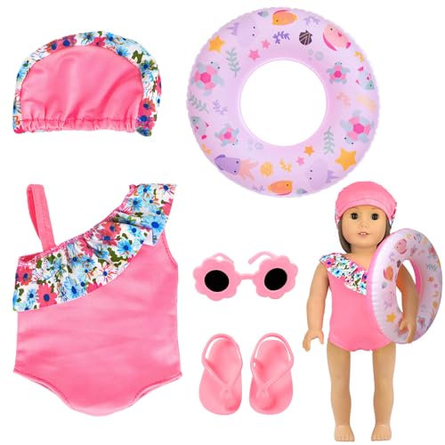 Set de Maillot de Bain pour Poupée, Vêtements de Poupee D'été, Set de Bain Poupées avec Bouée de Natation Lunettes de Soleil Sandales pour Poupee de 18 Pouces Accessoires d'eau D'été (Rose)