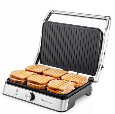 Ufesa Kilimanjaro Parrilla Eléctrica, Panini Press Grill, 2200W, Placas Antiadherentes 34x23cm, Apertura 105-108º, Asa Tacto Frío, Regulador de Temperatura, Negro Inox